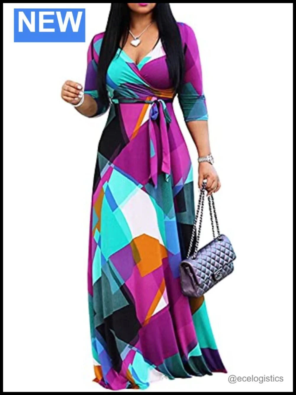 Plus Size Maxi Dress V-Neck 3/4 Sleeve Floral Wrap with Pockets & Belt
